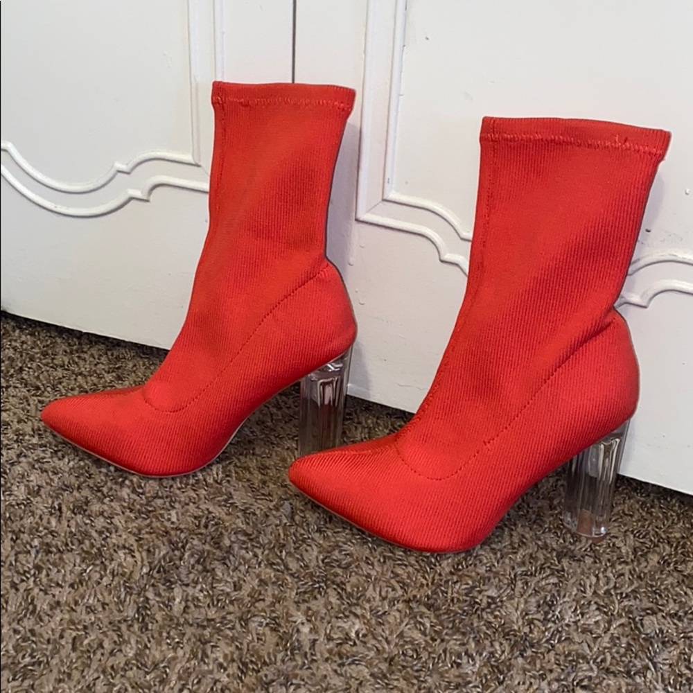 Reddish Orange Clear Heeled Booties